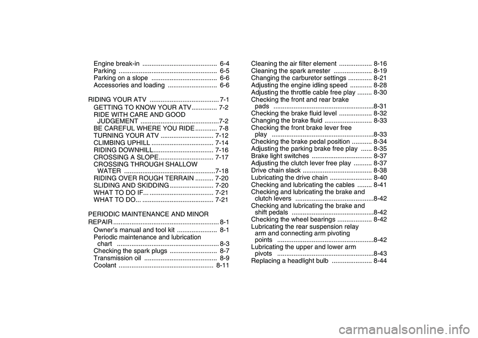 YAMAHA BANSHEE 350 2007  Owners Manual  
Engine break-in  .........................................  6-4
Parking ......................................................  6-5
Parking on a slope  ....................................  6-6
Acce