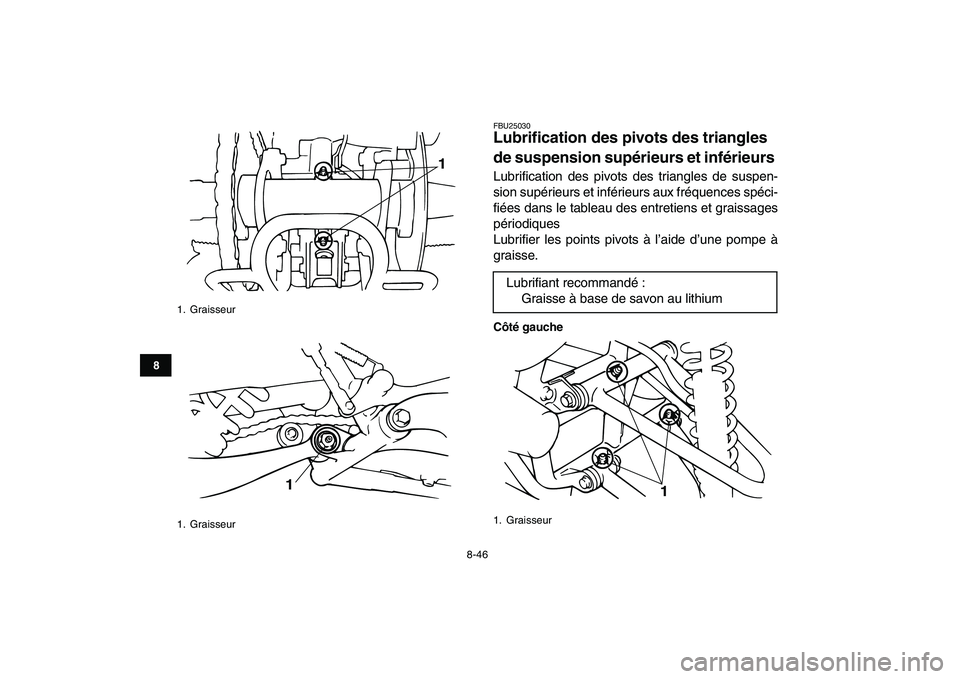 YAMAHA BANSHEE 350 2007  Notices Demploi (in French)  
8-46 
1
2
3
4
5
6
78
9
10
11
 
FBU25030 
Lubrification des pivots des triangles 
de suspension supérieurs et inférieurs  
Lubrification des pivots des triangles de suspen-
sion supérieurs et inf