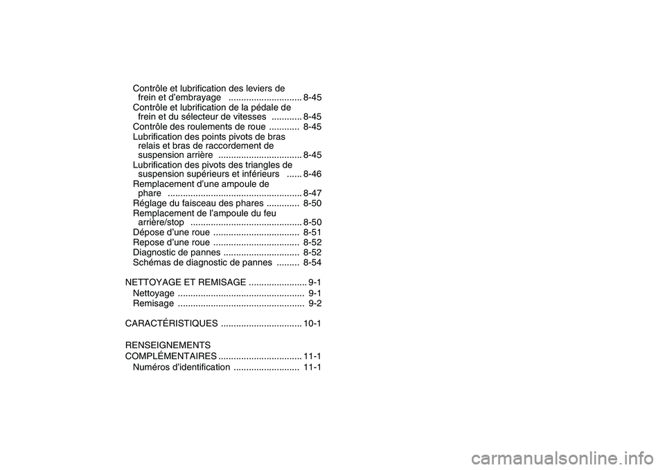 YAMAHA BANSHEE 350 2007  Notices Demploi (in French)  
Contrôle et lubrification des leviers de 
frein et d’embrayage   ............................. 8-45
Contrôle et lubrification de la pédale de 
frein et du sélecteur de vitesses  ............ 8