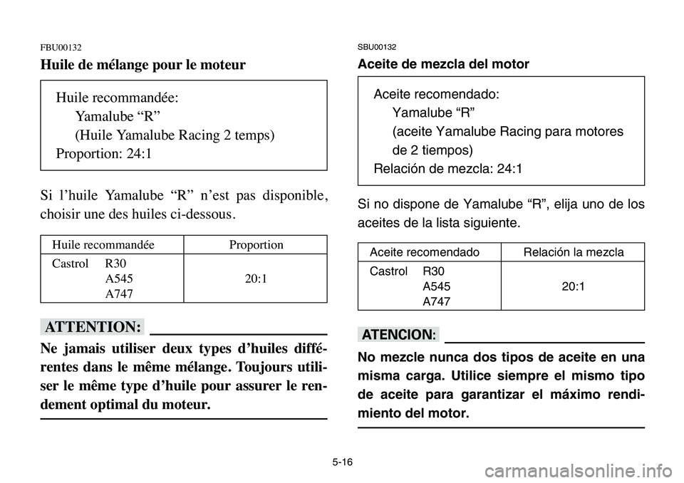 YAMAHA BANSHEE 350 2006  Owners Manual 5-16
FBU00132
Huile de mélange pour le moteur
Si l’huile Yamalube “R” n’est pas disponible,
choisir une des huiles ci-dessous.
fF
Ne jamais utiliser deux types d’huiles diffé-
rentes dans 