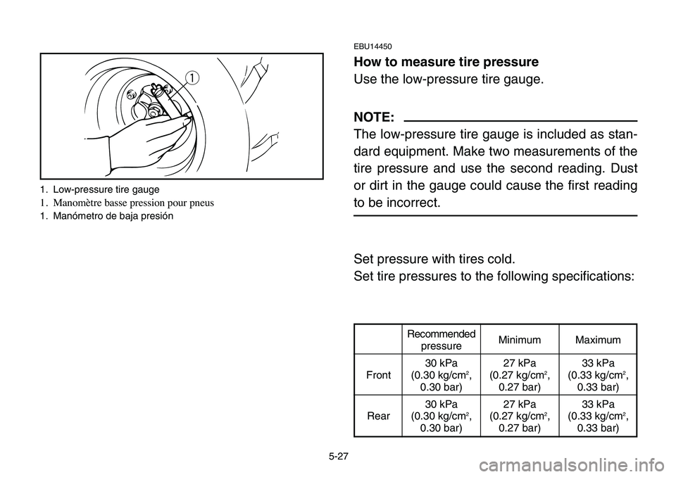 YAMAHA BANSHEE 350 2006  Manuale de Empleo (in Spanish) 5-27
EBU14450
How to measure tire pressure
Use the low-pressure tire gauge.
NOTE:
The low-pressure tire gauge is included as stan-
dard equipment. Make two measurements of the
tire pressure and use th