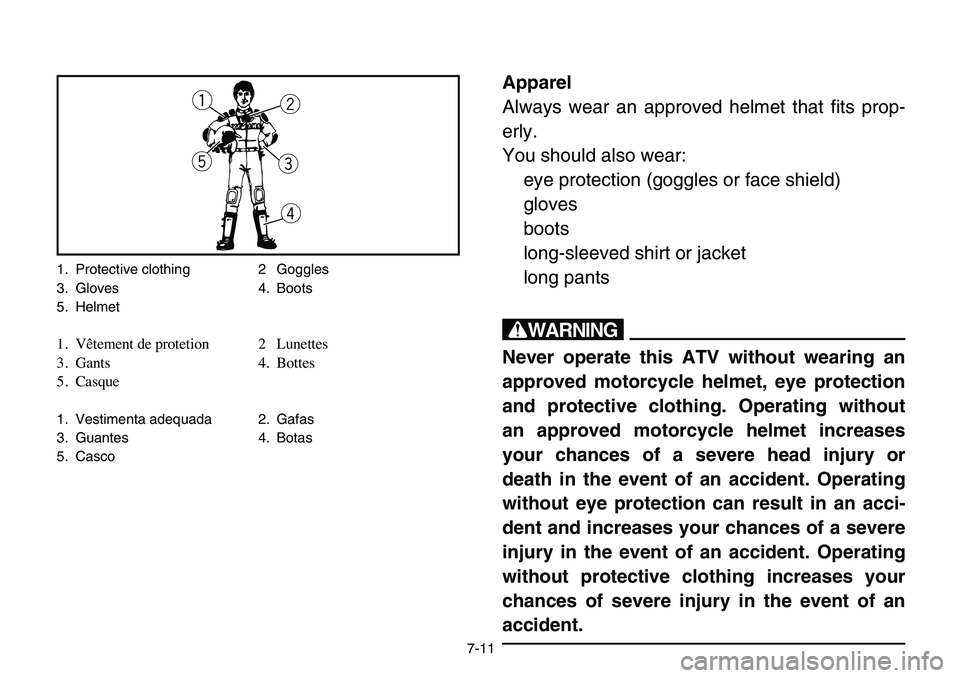 YAMAHA BANSHEE 350 2006  Owners Manual 7-11
Apparel
Always wear an approved helmet that fits prop-
erly.
You should also wear:
eye protection (goggles or face shield)
gloves
boots
long-sleeved shirt or jacket
long pants
w
Never operate thi