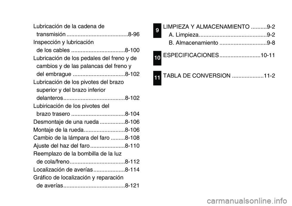 YAMAHA BANSHEE 350 2006 Manuale de Empleo (in Spanish) Lubricación de la cadena de
transmisión .......................................8-96
Inspección y lubricación
de los cables ..................................8-100
Lubricación de los pedales del YAMAHA BANSHEE 350 2006 Manuale de Empleo (in Spanish) Lubricación de la cadena de
transmisión .......................................8-96
Inspección y lubricación
de los cables ..................................8-100
Lubricación de los pedales del