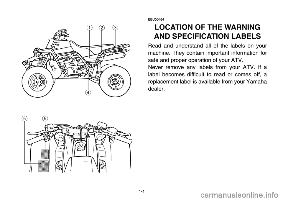YAMAHA BANSHEE 350 2006 Manuale de Empleo (in Spanish) 1-1
EBU00464
LOCATION OF THE WARNING
AND SPECIFICATION LABELS
Read and understand all of the labels on your
machine. They contain important information for
safe and proper operation of your ATV.
Never YAMAHA BANSHEE 350 2006 Manuale de Empleo (in Spanish) 1-1
EBU00464
LOCATION OF THE WARNING
AND SPECIFICATION LABELS
Read and understand all of the labels on your
machine. They contain important information for
safe and proper operation of your ATV.
Never