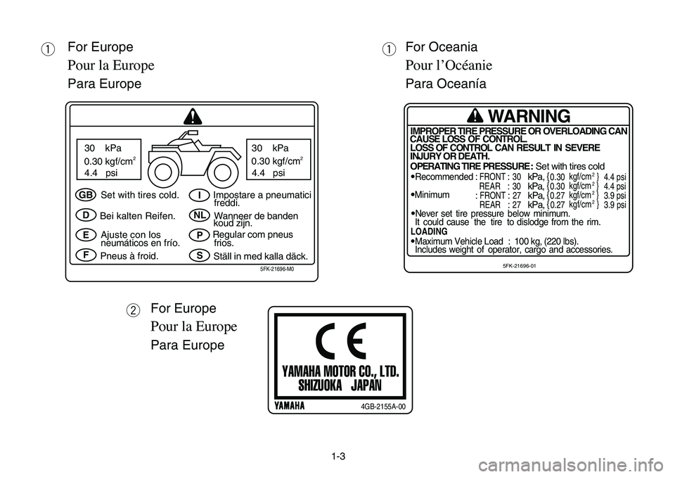 YAMAHA BANSHEE 350 2006 Manuale de Empleo (in Spanish) 1-3
q
w
q
GB
D
E
FI
NL
P
S Set with tires cold.
Bei kalten Reifen.
Ajuste con los
neumáticos en frío.
Pneus à froid.Impostare a pneumatici
freddi.
Wanneer de banden
koud zijn.
Regular com pneus
fri YAMAHA BANSHEE 350 2006 Manuale de Empleo (in Spanish) 1-3
q
w
q
GB
D
E
FI
NL
P
S Set with tires cold.
Bei kalten Reifen.
Ajuste con los
neumáticos en frío.
Pneus à froid.Impostare a pneumatici
freddi.
Wanneer de banden
koud zijn.
Regular com pneus
fri