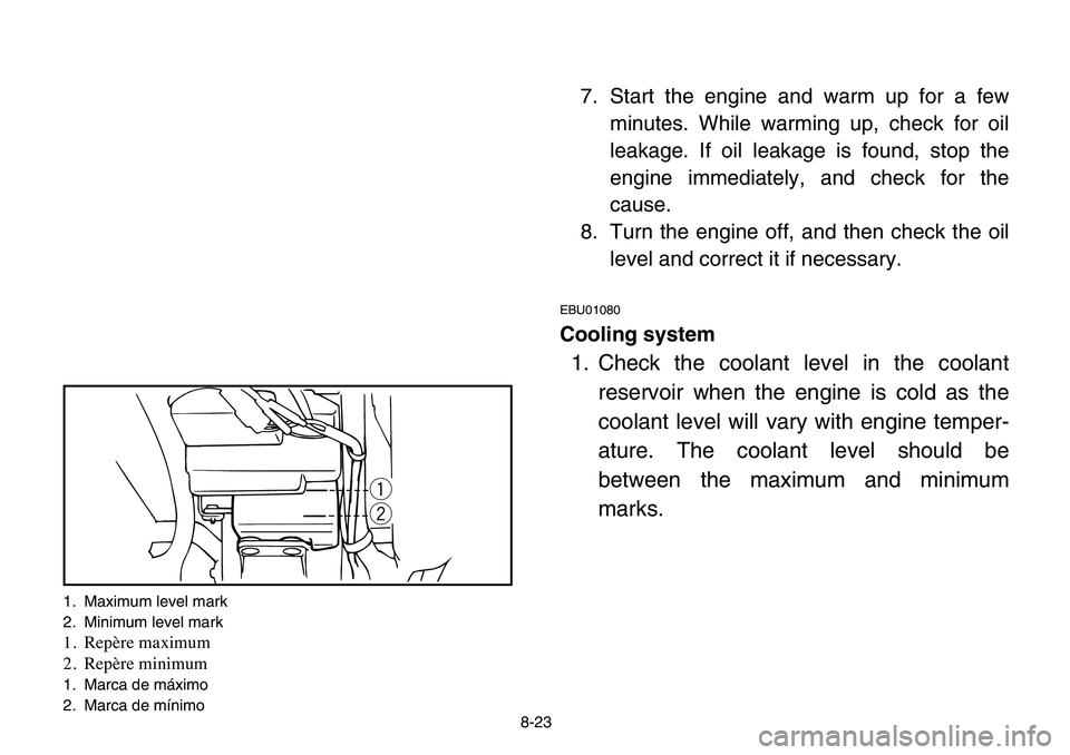 YAMAHA BANSHEE 350 2006  Owners Manual q
w
1. Maximum level mark
2. Minimum level mark
1. Repère maximum
2. Repère minimum
1. Marca de máximo
2. Marca de mínimo
8-23
7. Start the engine and warm up for a few
minutes. While warming up, 