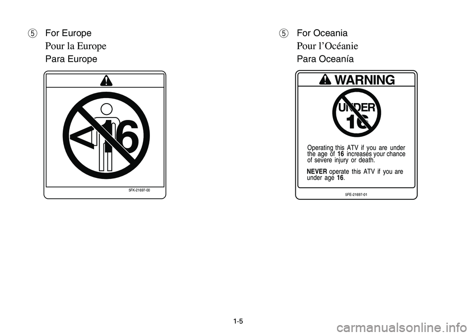 YAMAHA BANSHEE 350 2006  Manuale de Empleo (in Spanish) 1-5
t
q
<16
5FK-21697-00
t
qWARNING
UNDER
16
Operating this  ATV  if  you  are  under
the age of 16  increases your chance
of severe injury or death.
NEVER operate this ATV if you are
under age 16.
5F