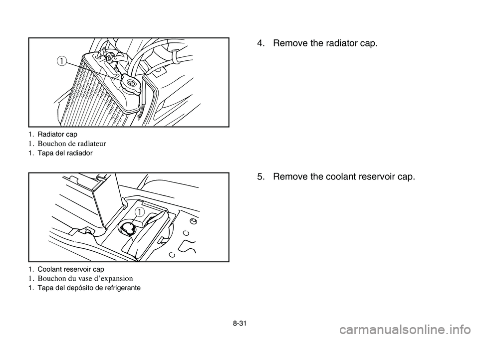 YAMAHA BANSHEE 350 2006  Manuale de Empleo (in Spanish) 8-31
4. Remove the radiator cap.
5. Remove the coolant reservoir cap.
q
q
1. Radiator cap
1. Bouchon de radiateur
1. Tapa del radiador
1. Coolant reservoir cap
1. Bouchon du vase d’expansion
1. Tapa