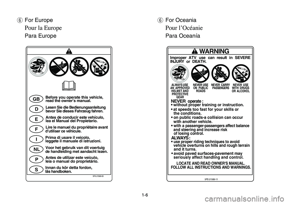 YAMAHA BANSHEE 350 2006  Notices Demploi (in French) 1-6
y
q
GB
D
E
F
I
NL
P
SBefore you operate this vehicle,
read the owner’s manual.
Lesen Sie die Bedienungsanleitung
bevor Sie dieses Fahrzeug fahren.
Antes de conducir este vehículo,
lea el Manual