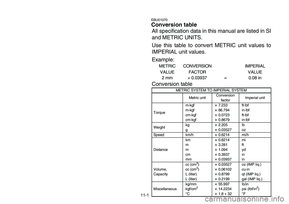YAMAHA BANSHEE 350 2006  Manuale de Empleo (in Spanish) All specification data in this manual are listed in SI
and METRIC UNITS. 
Use this table to convert METRIC unit values to
IMPERIAL unit values.
Example:
METRIC
VALUECONVERSION
FACTORIMPERIAL
VALUE
2 m