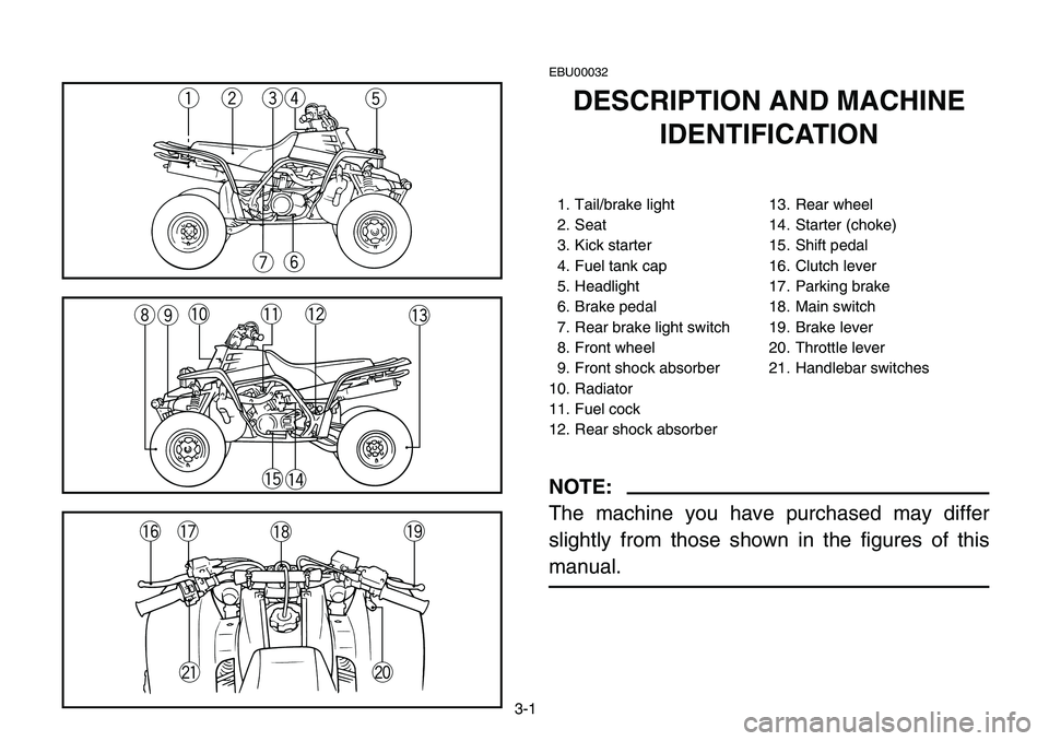 YAMAHA BANSHEE 350 2006 Owners Manual 3-1
EBU00032
DESCRIPTION AND MACHINE
IDENTIFICATION
1. Tail/brake light 13. Rear wheel
2. Seat 14. Starter (choke)
3. Kick starter 15. Shift pedal
4. Fuel tank cap 16. Clutch lever
5. Headlight 17. Pa YAMAHA BANSHEE 350 2006 Owners Manual 3-1
EBU00032
DESCRIPTION AND MACHINE
IDENTIFICATION
1. Tail/brake light 13. Rear wheel
2. Seat 14. Starter (choke)
3. Kick starter 15. Shift pedal
4. Fuel tank cap 16. Clutch lever
5. Headlight 17. Pa