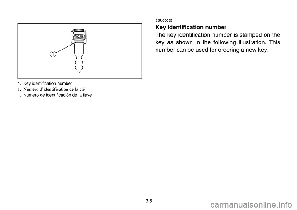 YAMAHA BANSHEE 350 2006  Manuale de Empleo (in Spanish) 3-5
EBU00035
Key identification number
The key identification number is stamped on the
key as shown in the following illustration. This
number can be used for ordering a new key.
q
1. Key identificati