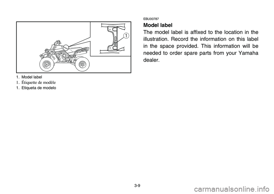 YAMAHA BANSHEE 350 2006  Manuale de Empleo (in Spanish) 3-9
EBU00787
Model label
The model label is affixed to the location in the
illustration. Record the information on this label
in the space provided. This information will be
needed to order spare part