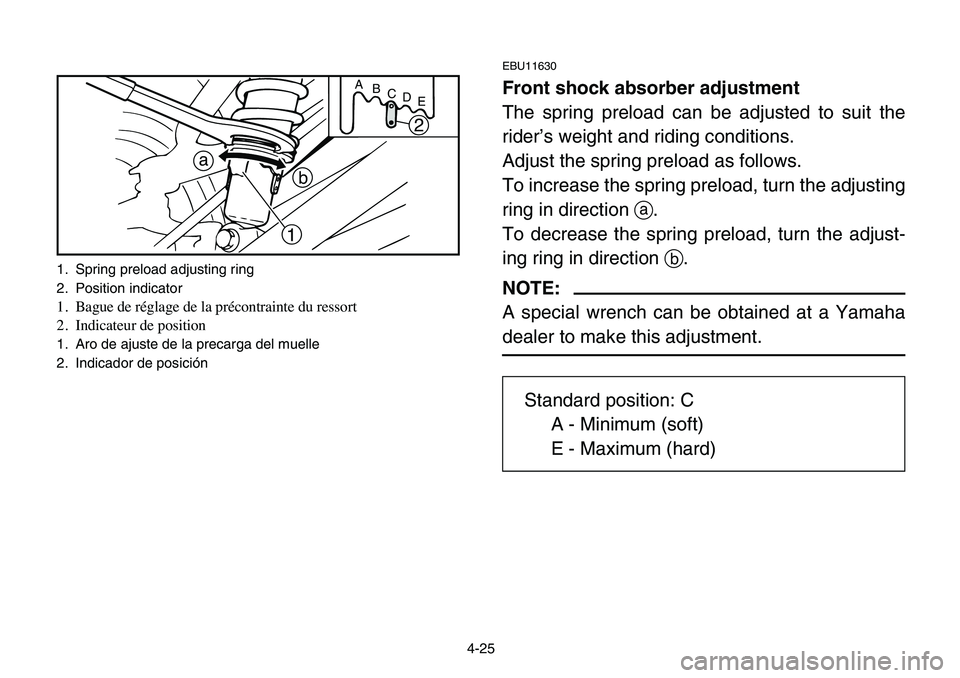 YAMAHA BANSHEE 350 2006  Manuale de Empleo (in Spanish) 1. Spring preload adjusting ring
2. Position indicator
1. Bague de réglage de la précontrainte du ressort
2. Indicateur de position
1. Aro de ajuste de la precarga del muelle
2. Indicador de posici