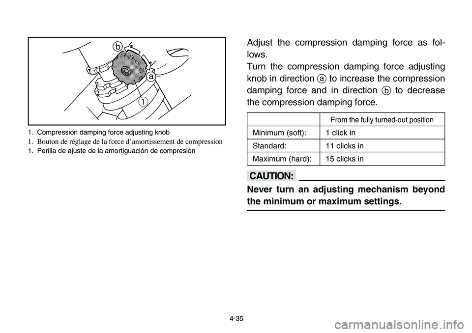 YAMAHA BANSHEE 350 2006 Owners Manual 4-35
Adjust the compression damping force as fol-
lows.
Turn the compression damping force adjusting
knob in direction ato increase the compression
damping force and in direction bto decrease
the comp YAMAHA BANSHEE 350 2006 Owners Manual 4-35
Adjust the compression damping force as fol-
lows.
Turn the compression damping force adjusting
knob in direction ato increase the compression
damping force and in direction bto decrease
the comp