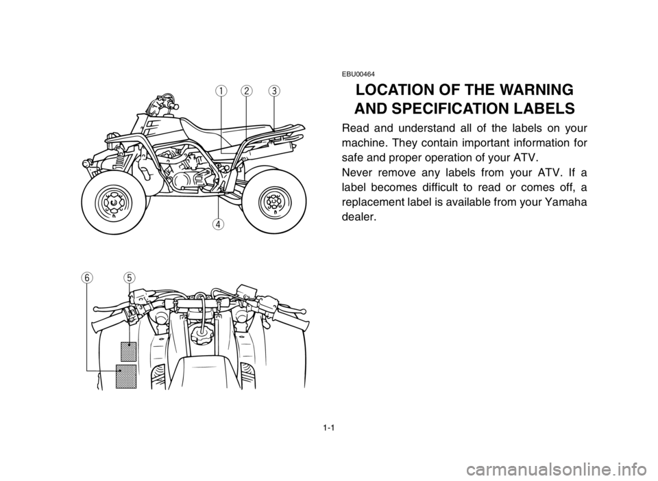 YAMAHA BANSHEE 350 2005 Owners Manual 1-1
EBU00464
LOCATION OF THE WARNING
AND SPECIFICATION LABELS
Read and understand all of the labels on your
machine. They contain important information for
safe and proper operation of your ATV.
Never YAMAHA BANSHEE 350 2005 Owners Manual 1-1
EBU00464
LOCATION OF THE WARNING
AND SPECIFICATION LABELS
Read and understand all of the labels on your
machine. They contain important information for
safe and proper operation of your ATV.
Never