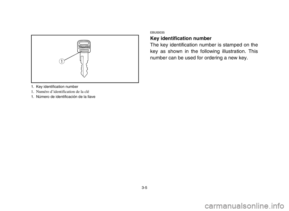 YAMAHA BANSHEE 350 2005  Owners Manual 3-5
EBU00035
Key identification number
The key identification number is stamped on the
key as shown in the following illustration. This
number can be used for ordering a new key.
q
1. Key identificati