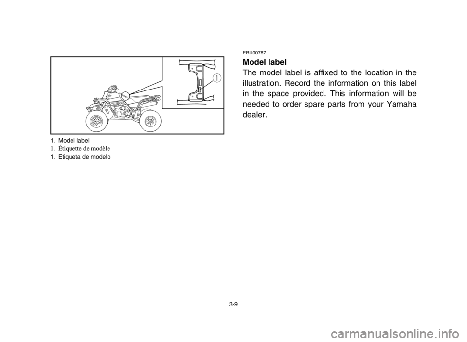 YAMAHA BANSHEE 350 2005  Manuale de Empleo (in Spanish) 3-9
EBU00787
Model label
The model label is affixed to the location in the
illustration. Record the information on this label
in the space provided. This information will be
needed to order spare part