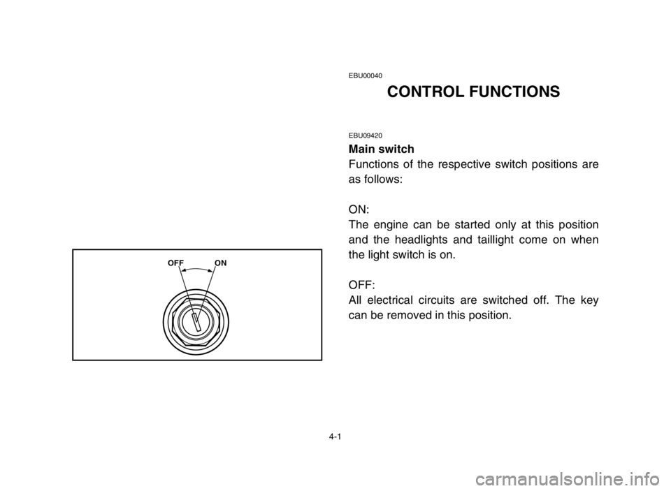 YAMAHA BANSHEE 350 2005  Notices Demploi (in French) EBU00040
CONTROL FUNCTIONS
EBU09420
Main switch
Functions of the respective switch positions are
as follows:
ON:
The engine can be started only at this position
and the headlights and taillight come o