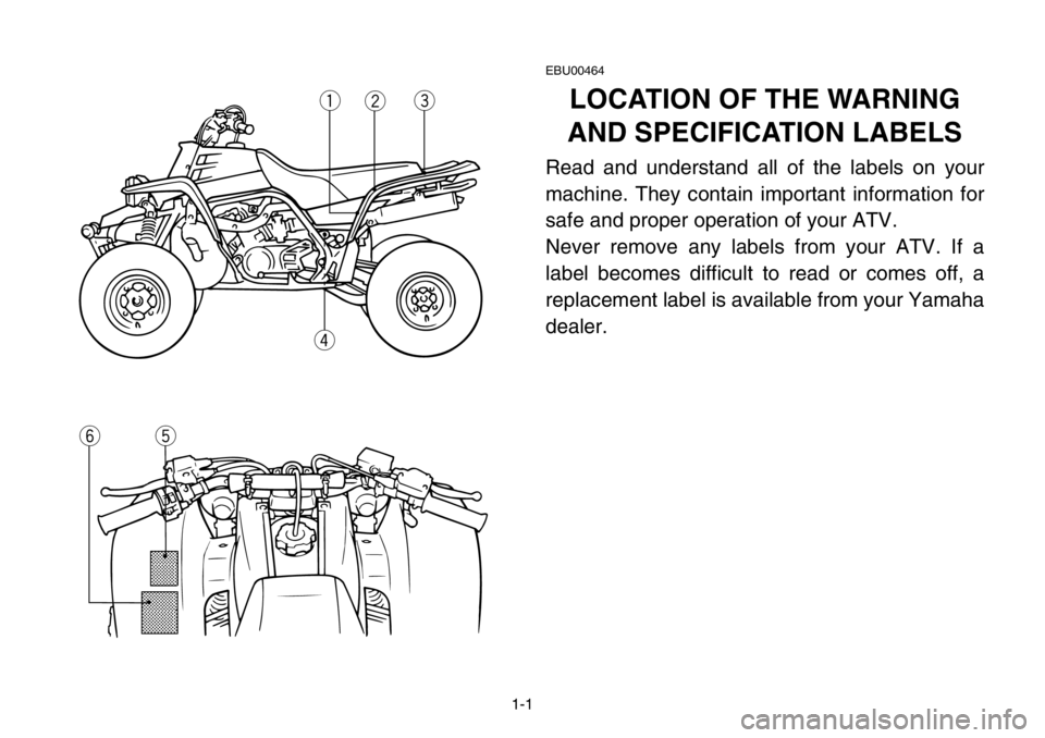 YAMAHA BANSHEE 350 2004 Manuale de Empleo (in Spanish) 1-1
EBU00464
LOCATION OF THE WARNING
AND SPECIFICATION LABELS
Read and understand all of the labels on your
machine. They contain important information for
safe and proper operation of your ATV.
Never YAMAHA BANSHEE 350 2004 Manuale de Empleo (in Spanish) 1-1
EBU00464
LOCATION OF THE WARNING
AND SPECIFICATION LABELS
Read and understand all of the labels on your
machine. They contain important information for
safe and proper operation of your ATV.
Never