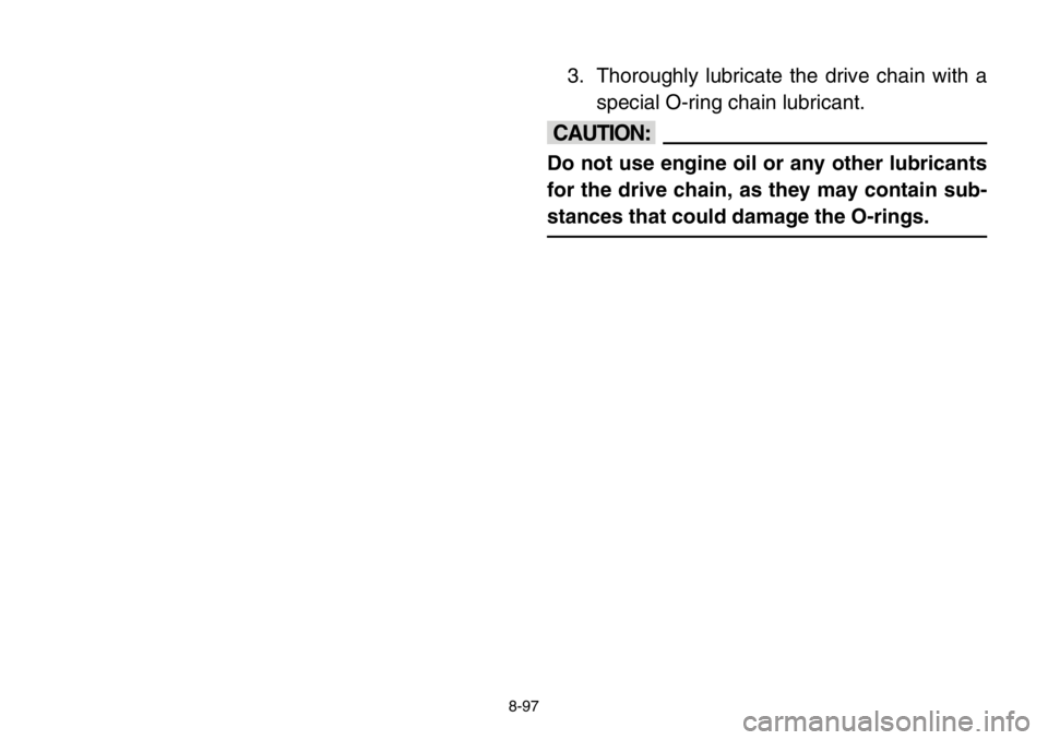 YAMAHA BANSHEE 350 2004  Owners Manual 8-97
3. Thoroughly lubricate the drive chain with a
special O-ring chain lubricant.
cC
Do not use engine oil or any other lubricants
for the drive chain, as they may contain sub-
stances that could da