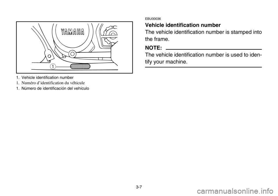 YAMAHA BANSHEE 350 2004 Workshop Manual 3-7
EBU00036
Vehicle identification number
The vehicle identification number is stamped into
the frame.
NOTE:
The vehicle identification number is used to iden-
tify your machine.
q
1. Vehicle identif