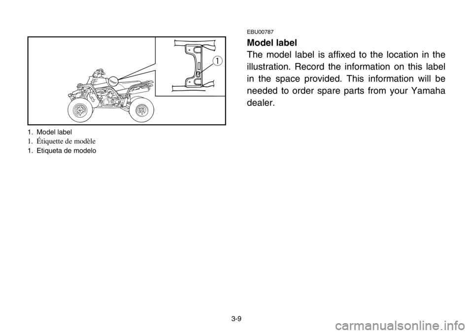 YAMAHA BANSHEE 350 2004 Workshop Manual 3-9
EBU00787
Model label
The model label is affixed to the location in the
illustration. Record the information on this label
in the space provided. This information will be
needed to order spare part