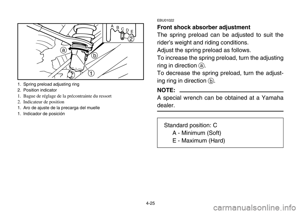YAMAHA BANSHEE 350 2004 Manual Online 1. Spring preload adjusting ring
2. Position indicator
1. Bague de réglage de la précontrainte du ressort
2. Indicateur de position
1. Aro de ajuste de la precarga del muelle
1. Indicador de posici