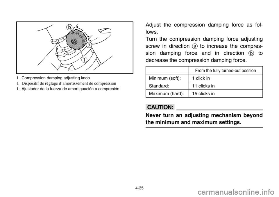 YAMAHA BANSHEE 350 2004  Owners Manual 4-35
Adjust the compression damping force as fol-
lows.
Turn the compression damping force adjusting
screw in direction ato increase the compres-
sion damping force and in direction bto
decrease the c