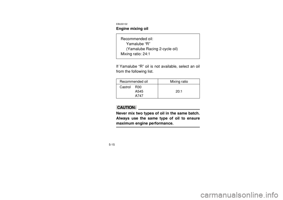 YAMAHA BANSHEE 350 2002  Notices Demploi (in French) 5-15
EBU00132Engine mixing oil
If Yamalube “R” oil is not available, select an oil
from the following list.cCNever mix two types of oil in the same batch.
Always use the same type of oil to ensure