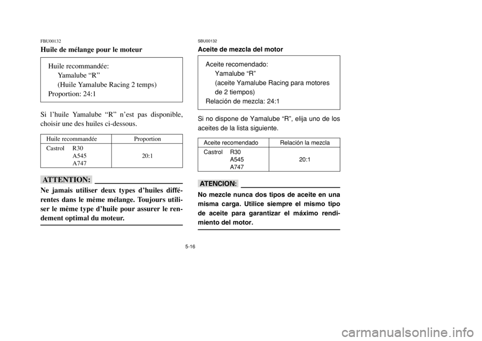 YAMAHA BANSHEE 350 2002 Owners Manual 5-16
FBU00132Huile de mélange pour le moteur
Si l’huile Yamalube “R” n’est pas disponible,
choisir une des huiles ci-dessous.fFNe jamais utiliser deux types d’huiles diffé-
rentes dans le YAMAHA BANSHEE 350 2002 Owners Manual 5-16
FBU00132Huile de mélange pour le moteur
Si l’huile Yamalube “R” n’est pas disponible,
choisir une des huiles ci-dessous.fFNe jamais utiliser deux types d’huiles diffé-
rentes dans le