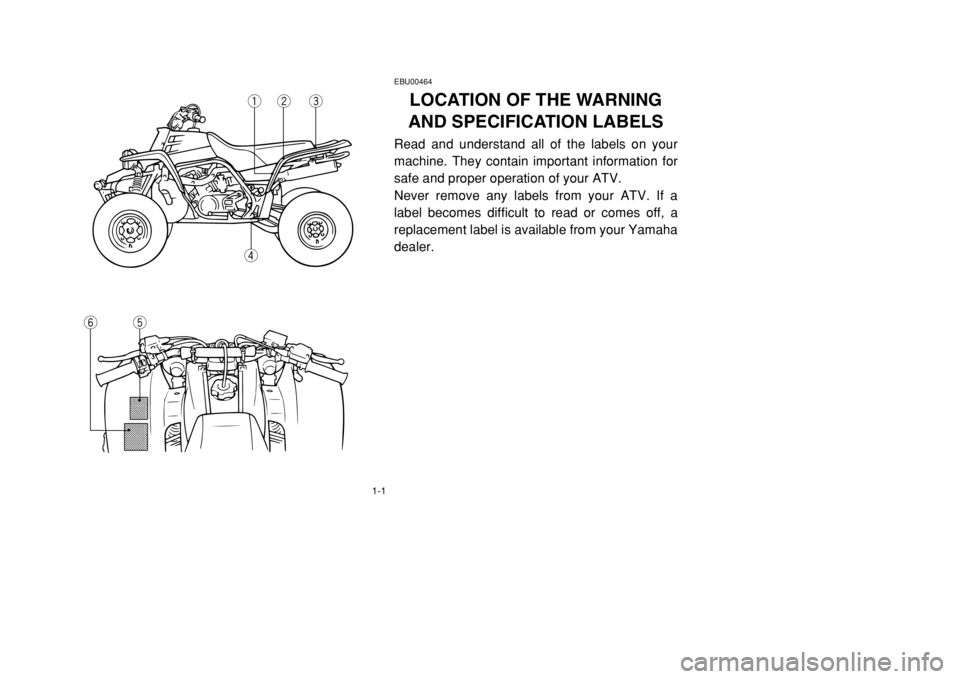 YAMAHA BANSHEE 350 2002 Owners Manual 1-1
EBU00464
LOCATION OF THE WARNING
AND SPECIFICATION LABELS
Read and understand all of the labels on your
machine. They contain important information for
safe and proper operation of your ATV.
Never YAMAHA BANSHEE 350 2002 Owners Manual 1-1
EBU00464
LOCATION OF THE WARNING
AND SPECIFICATION LABELS
Read and understand all of the labels on your
machine. They contain important information for
safe and proper operation of your ATV.
Never