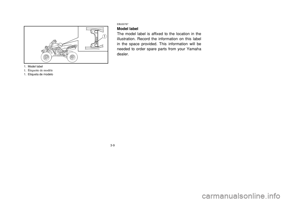 YAMAHA BANSHEE 350 2002 Workshop Manual 3-9
EBU00787Model label
The model label is affixed to the location in the
illustration. Record the information on this label
in the space provided. This information will be
needed to order spare parts