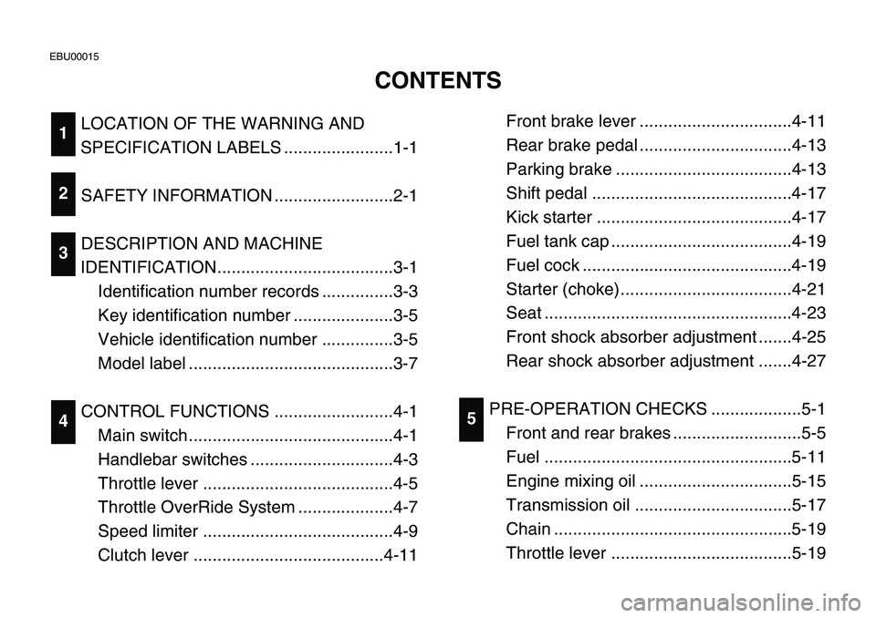 YAMAHA BANSHEE 350 2001  Owners Manual LOCATION OF THE WARNING AND
SPECIFICATION LABELS .......................1-1
SAFETY INFORMATION .........................2-1
DESCRIPTION AND MACHINE
IDENTIFICATION.....................................3