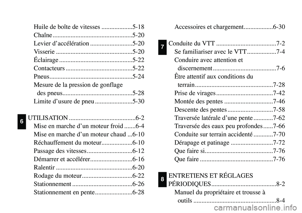 YAMAHA BANSHEE 350 2001 User Guide Huile de boîte de vitesses ...................5-18
Chaîne .................................................5-20
Levier d’accélération ..........................5-20
Visserie ....................