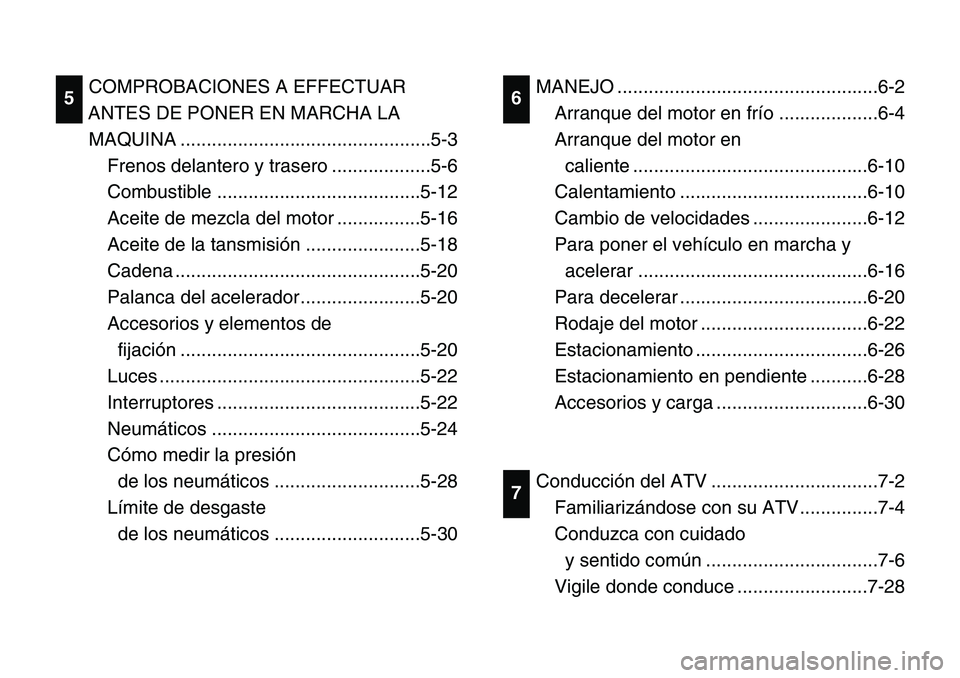 YAMAHA BANSHEE 350 2001 Notices Demploi (in French) COMPROBACIONES A EFFECTUAR
ANTES DE PONER EN MARCHA LA
MAQUINA ................................................5-3
Frenos delantero y trasero ...................5-6
Combustible ...................... YAMAHA BANSHEE 350 2001 Notices Demploi (in French) COMPROBACIONES A EFFECTUAR
ANTES DE PONER EN MARCHA LA
MAQUINA ................................................5-3
Frenos delantero y trasero ...................5-6
Combustible ......................