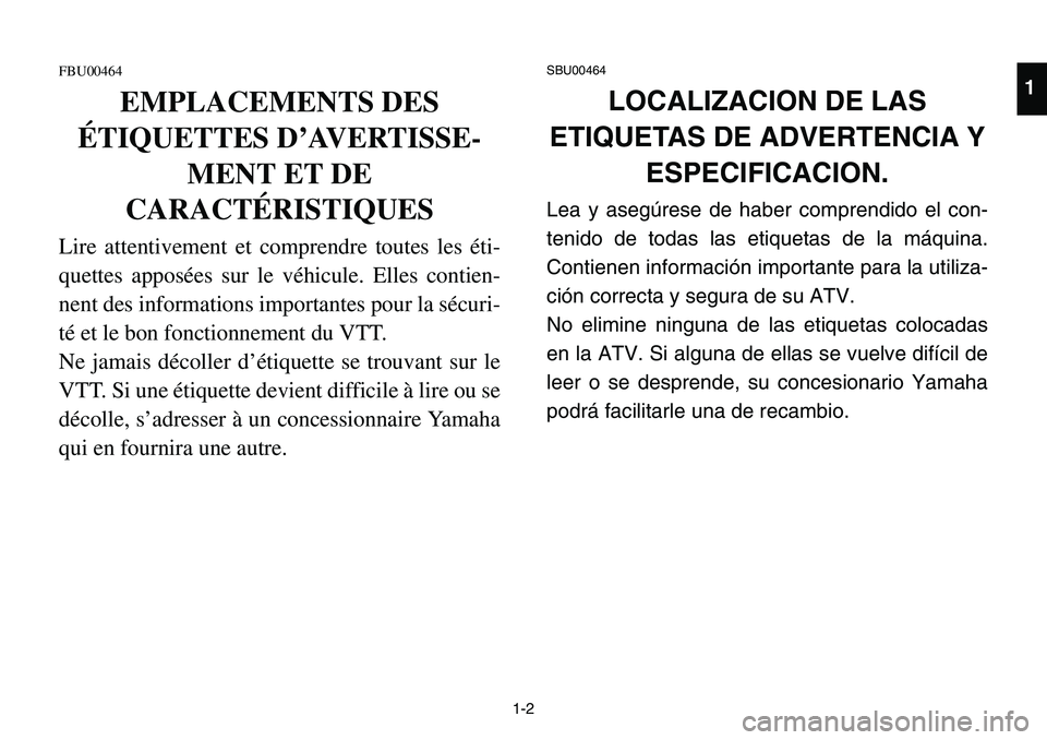 YAMAHA BANSHEE 350 2001 Owners Manual 1-2
FBU00464
EMPLACEMENTS DES
ÉTIQUETTES D’AVERTISSE-
MENT ET DE
CARACTÉRISTIQUES
Lire attentivement et comprendre toutes les éti-
quettes apposées sur le véhicule. Elles contien-
nent des info