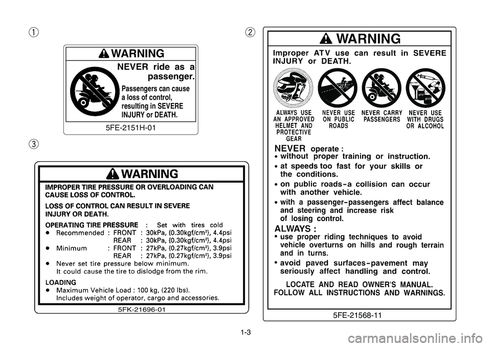 YAMAHA BANSHEE 350 2001 Owners Manual 1-3
qw
e
5FE-21568-11
qWARNING
NEVER  ride  as  a
passenger.
Passengers can cause 
a loss of control,
resulting in SEVERE
INJURY or DEATH.
5FE-2151H-405FE-2151H-01
5FK-21696-01 