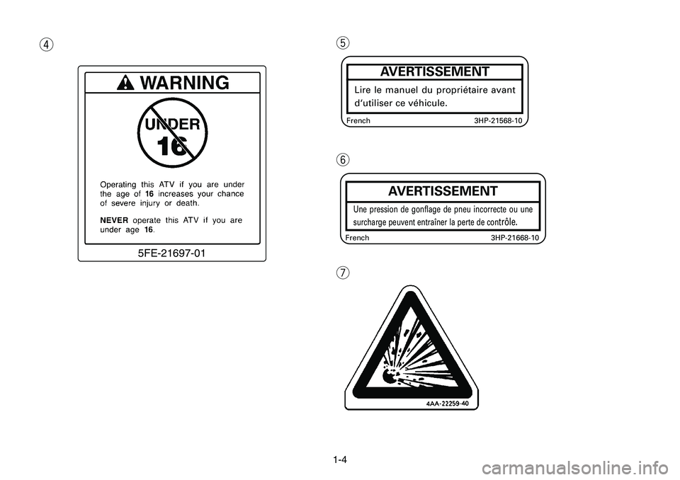 YAMAHA BANSHEE 350 2001 Notices Demploi (in French) 1-4
r
5FE-21697-01
t
y
u
AVERTISSEMENT
Une pression de gonflage de pneu incorrecte ou une
surcharge peuvent entraîner la perte de con
trôle.
French 3HP-21668-10
3HP-21568-10 French
AVERTISSEMENT
Lir YAMAHA BANSHEE 350 2001 Notices Demploi (in French) 1-4
r
5FE-21697-01
t
y
u
AVERTISSEMENT
Une pression de gonflage de pneu incorrecte ou une
surcharge peuvent entraîner la perte de con
trôle.
French 3HP-21668-10
3HP-21568-10 French
AVERTISSEMENT
Lir