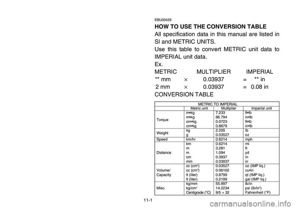 YAMAHA BANSHEE 350 2001  Notices Demploi (in French) 11-1
EBU00429
HOW TO USE THE CONVERSION TABLE
All specification data in this manual are listed in
SI and METRIC UNITS.
Use this table to convert METRIC unit data to
IMPERIAL unit data.
Ex.
METRIC MULT