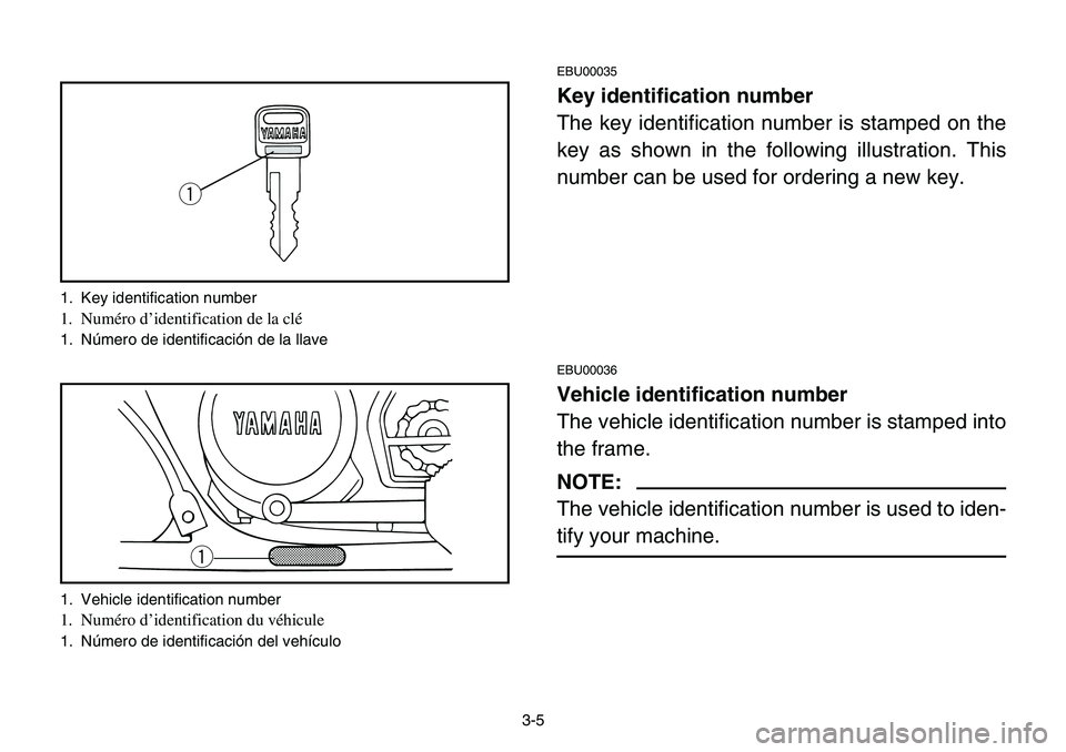 YAMAHA BANSHEE 350 2001 Notices Demploi (in French) 3-5
EBU00035
Key identification number
The key identification number is stamped on the
key as shown in the following illustration. This
number can be used for ordering a new key.
q
1. Key identificati YAMAHA BANSHEE 350 2001 Notices Demploi (in French) 3-5
EBU00035
Key identification number
The key identification number is stamped on the
key as shown in the following illustration. This
number can be used for ordering a new key.
q
1. Key identificati