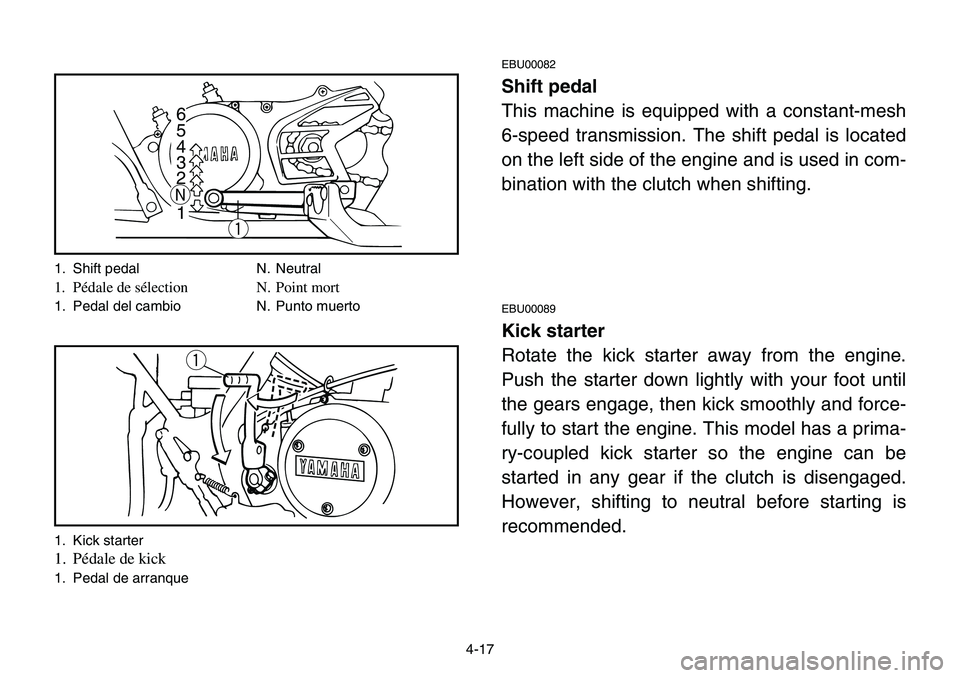 YAMAHA BANSHEE 350 2001  Owners Manual 4-17
EBU00082
Shift pedal
This machine is equipped with a constant-mesh
6-speed transmission. The shift pedal is located
on the left side of the engine and is used in com-
bination with the clutch whe