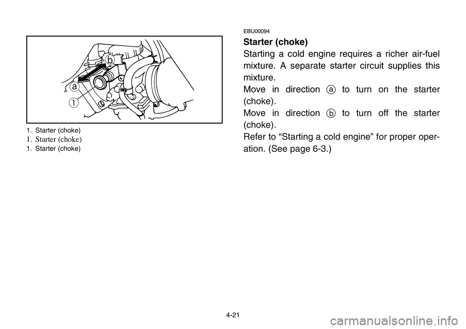 YAMAHA BANSHEE 350 2001  Owners Manual 4-21
EBU00094
Starter (choke)
Starting a cold engine requires a richer air-fuel
mixture. A separate starter circuit supplies this
mixture.
Move in direction ato turn on the starter
(choke).
Move in di