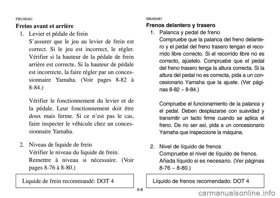 YAMAHA BANSHEE 350 2001  Notices Demploi (in French) 5-6
FBU00481
Freins avant et arrière
1. Levier et pédale de frein
S’assurer que le jeu au levier de frein est
correct. Si le jeu est incorrect, le régler.
Vérifier si la hauteur de la pédale de