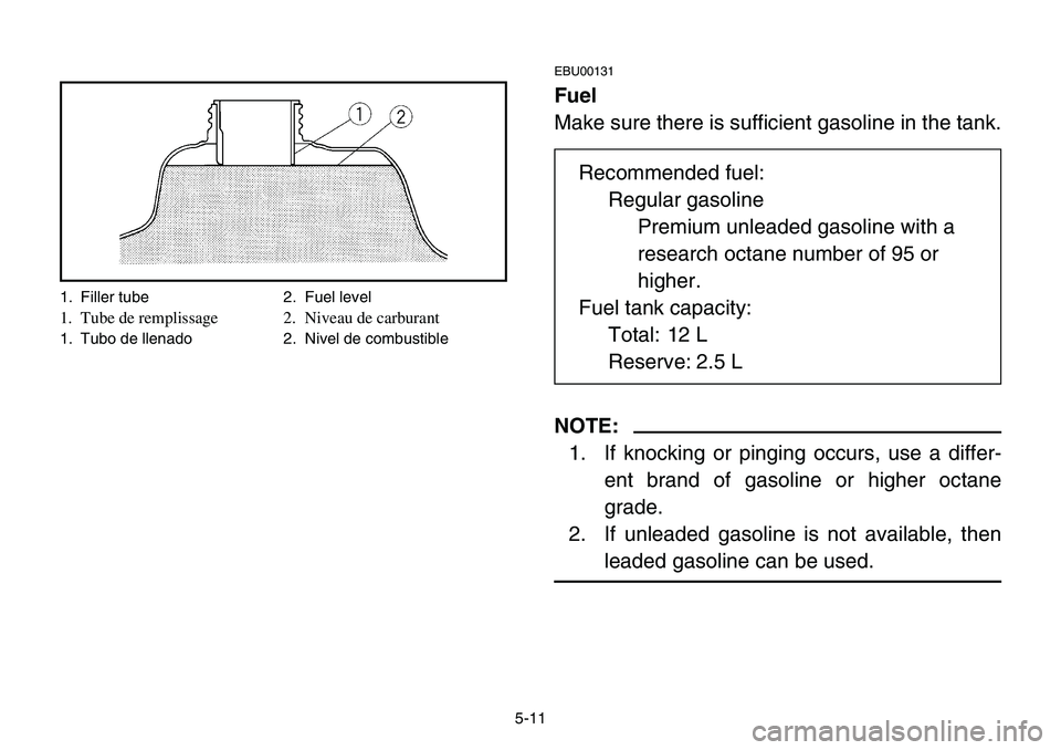 YAMAHA BANSHEE 350 2001  Owners Manual 5-11
EBU00131
Fuel
Make sure there is sufficient gasoline in the tank.
NOTE:
1. If knocking or pinging occurs, use a differ-
ent brand of gasoline or higher octane
grade.
2. If unleaded gasoline is no