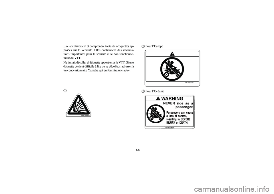 YAMAHA BANSHEE 350R 2006  Notices Demploi (in French) 1-8
Lire attentivement et comprendre toutes les étiquettes ap-
posées sur le véhicule. Elles contiennent des informa-
tions importantes pour la sécurité et le bon fonctionne-
ment du VTT.
Ne jama