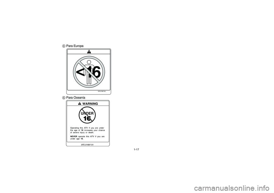 YAMAHA BANSHEE 350R 2006  Notices Demploi (in French) 1-17
6 Para Europa
6 Para Oceanía
5FK-21697-00
<
16
UNDERWARNING5FE-21697-01
NEVER  operate  this  ATV  if  you  areunder  age  16. Operating  this  ATV  if  you  are  under
the  age  of  16  increas