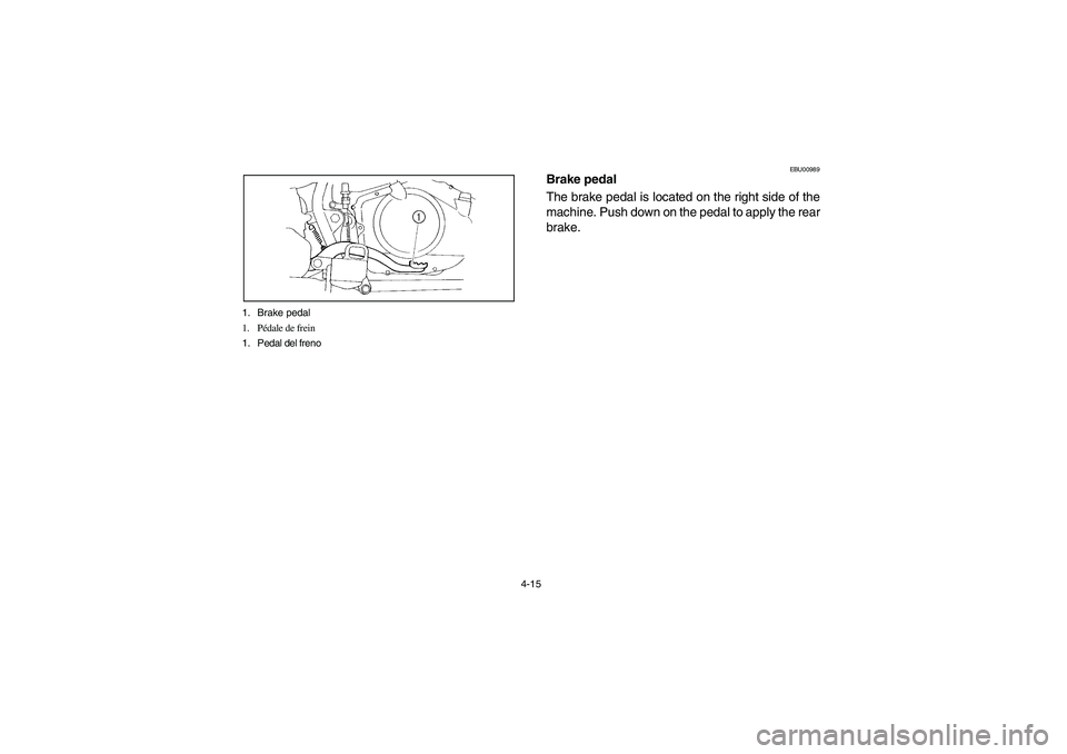 YAMAHA BANSHEE 350R 2006  Notices Demploi (in French) 4-15 1. Brake pedal
1. Pédale de frein
1. Pedal del freno
EBU00989
Brake pedal
The brake pedal is located on the right side of the
machine. Push down on the pedal to apply the rear
brake.
U5YT62.book
