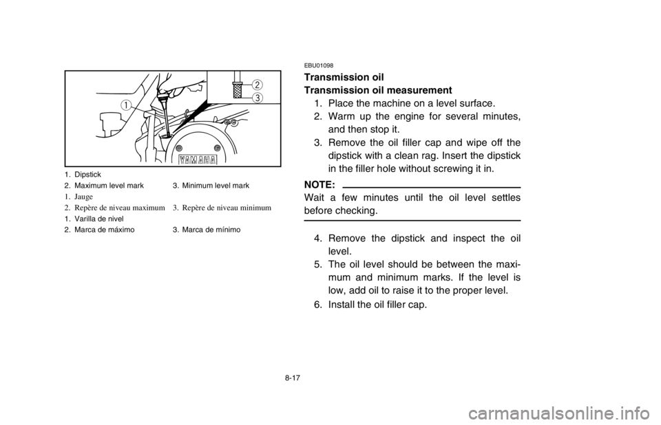 YAMAHA BANSHEE 350R 2003  Owners Manual 8-17
EBU01098
Transmission oil
Transmission oil measurement
1. Place the machine on a level surface.
2. Warm up the engine for several minutes,
and then stop it.
3. Remove the oil filler cap and wipe 