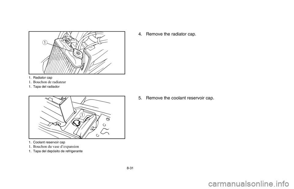 YAMAHA BANSHEE 350R 2003  Owners Manual 8-31
4. Remove the radiator cap.
5. Remove the coolant reservoir cap.
q
q
1. Radiator cap1. Bouchon de radiateur1. Tapa del radiador
1. Coolant reservoir cap
1. Bouchon du vase d’expansion1. Tapa de